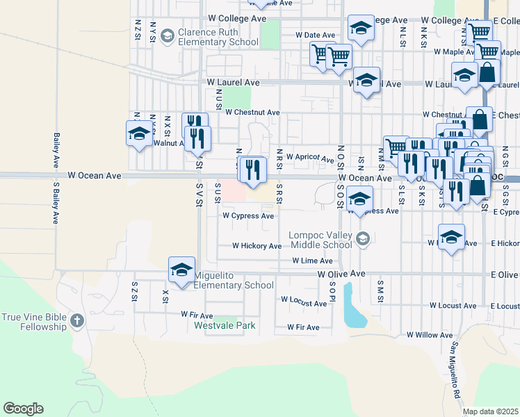 map of restaurants, bars, coffee shops, grocery stores, and more near 1113 West Cypress Avenue in Lompoc