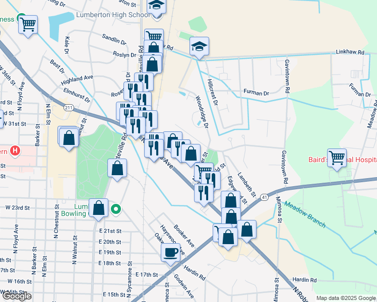 map of restaurants, bars, coffee shops, grocery stores, and more near 2170 Griffin Street in Lumberton