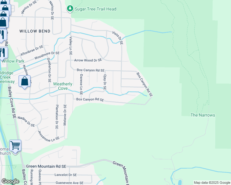 map of restaurants, bars, coffee shops, grocery stores, and more near 2800 Vista Drive Southeast in Huntsville