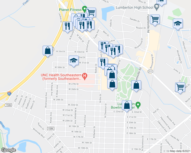 map of restaurants, bars, coffee shops, grocery stores, and more near Barker Street in Lumberton