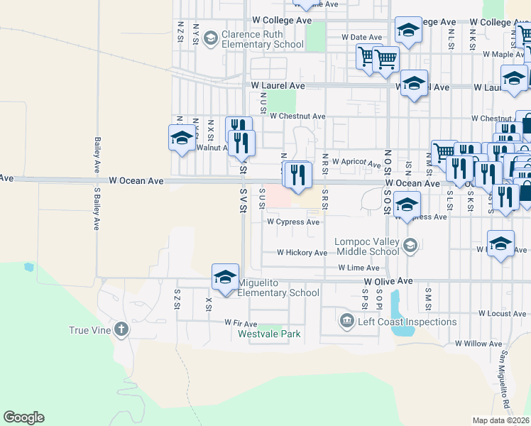 map of restaurants, bars, coffee shops, grocery stores, and more near 1317 West Cypress Avenue in Lompoc