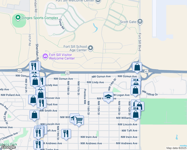 map of restaurants, bars, coffee shops, grocery stores, and more near 1437 Northwest Ozmun Avenue in Lawton