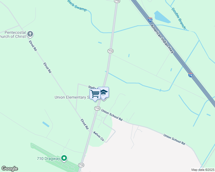 map of restaurants, bars, coffee shops, grocery stores, and more near 2389 North Carolina 710 in Rowland