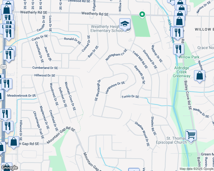 map of restaurants, bars, coffee shops, grocery stores, and more near 10003 Westleigh Drive Southeast in Huntsville