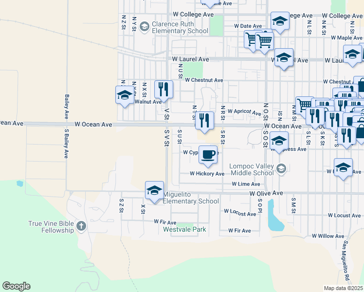 map of restaurants, bars, coffee shops, grocery stores, and more near 1317 West Cypress Avenue in Lompoc