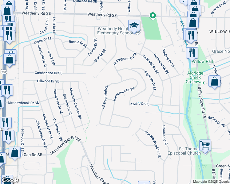 map of restaurants, bars, coffee shops, grocery stores, and more near 10003 Westleigh Drive Southeast in Huntsville