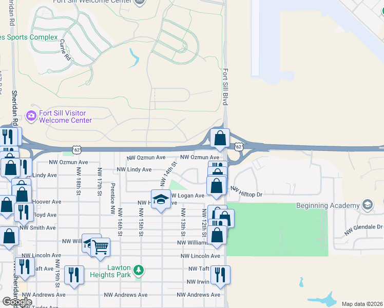 map of restaurants, bars, coffee shops, grocery stores, and more near 1159 Northwest Ozmun Avenue in Lawton