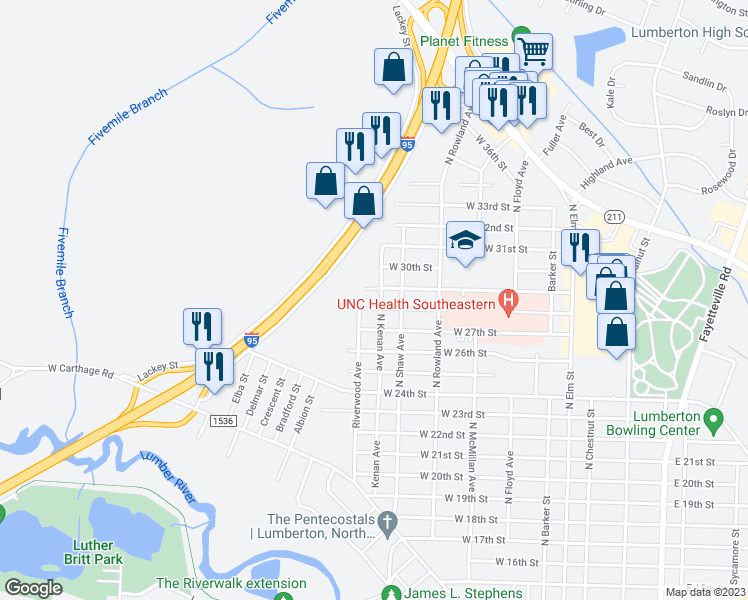 map of restaurants, bars, coffee shops, grocery stores, and more near 2801 North Kenan Avenue in Lumberton