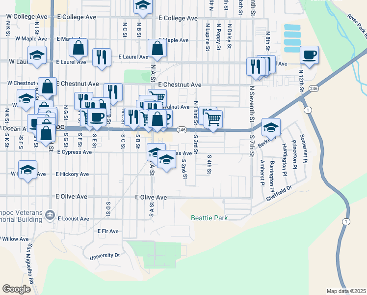 map of restaurants, bars, coffee shops, grocery stores, and more near 1001 East Cypress Avenue in Lompoc