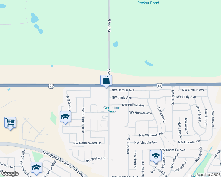 map of restaurants, bars, coffee shops, grocery stores, and more near Northwest Rogers Lane in Lawton