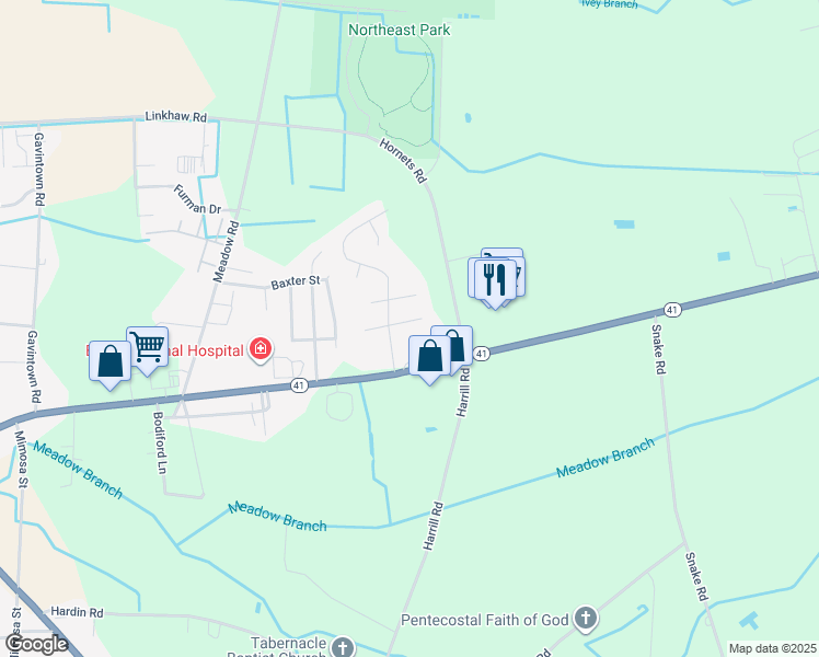 map of restaurants, bars, coffee shops, grocery stores, and more near 3525 East Elizabethtown Road in Lumberton