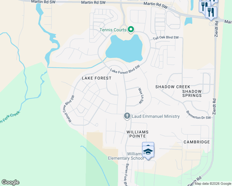 map of restaurants, bars, coffee shops, grocery stores, and more near 12 Crimson Cloud Southwest in Huntsville