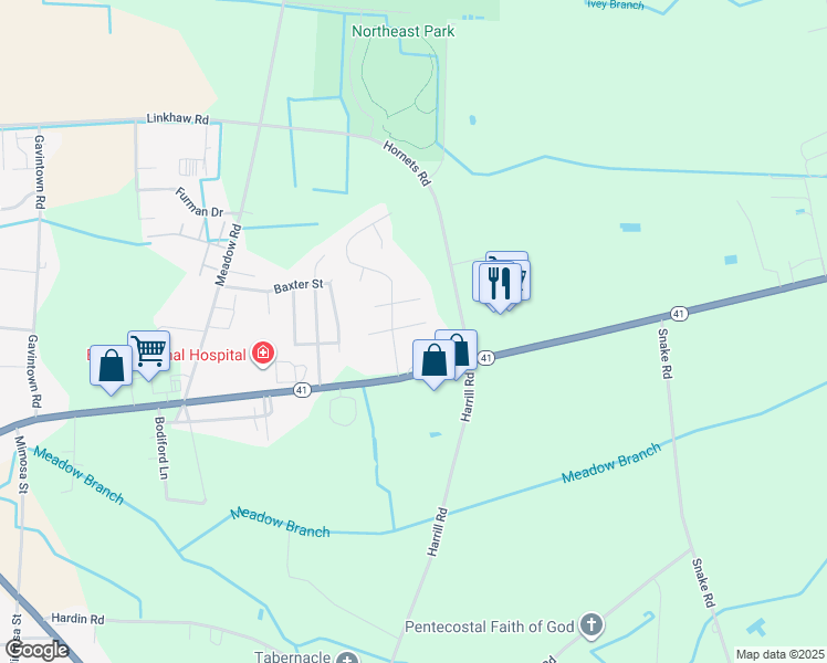 map of restaurants, bars, coffee shops, grocery stores, and more near 3525 East Elizabethtown Road in Lumberton