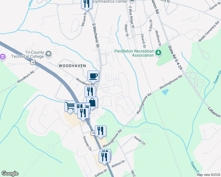 map of restaurants, bars, coffee shops, grocery stores, and more near 209 Crooked Cedar Way in Pendleton