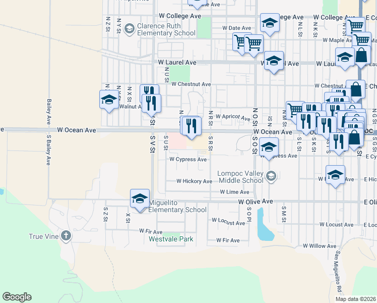 map of restaurants, bars, coffee shops, grocery stores, and more near 1213 West Cypress Avenue in Lompoc