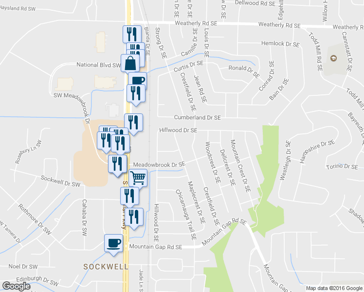 map of restaurants, bars, coffee shops, grocery stores, and more near 11209 Maplecrest Drive Southeast in Huntsville