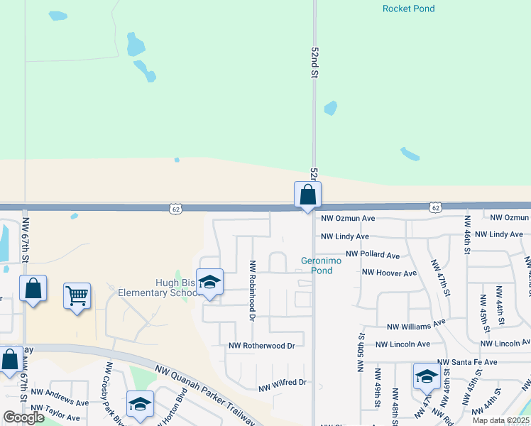 map of restaurants, bars, coffee shops, grocery stores, and more near 5401 Northwest King Richard Avenue in Lawton