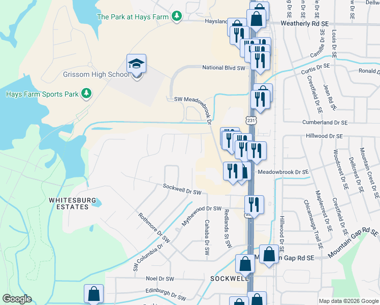 map of restaurants, bars, coffee shops, grocery stores, and more near 2291 Southwest Meadowbrook Drive in Huntsville