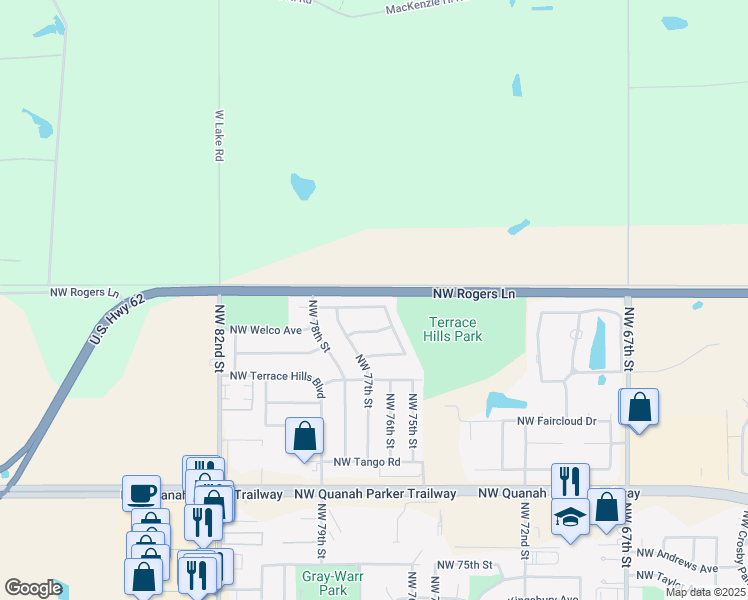map of restaurants, bars, coffee shops, grocery stores, and more near 7507 Northwest Rolando Road in Lawton