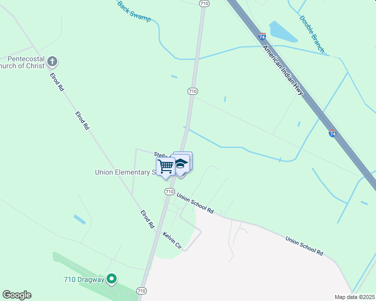 map of restaurants, bars, coffee shops, grocery stores, and more near 2389 North Carolina 710 in Rowland