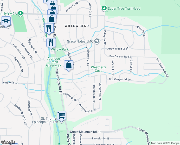 map of restaurants, bars, coffee shops, grocery stores, and more near 2102 McDowling Drive Southeast in Huntsville
