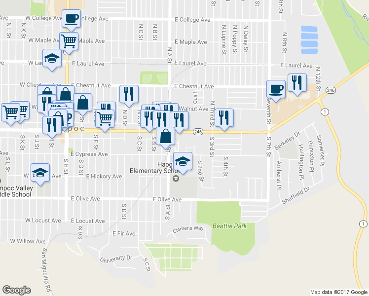 map of restaurants, bars, coffee shops, grocery stores, and more near 911 East Cypress Avenue in Lompoc