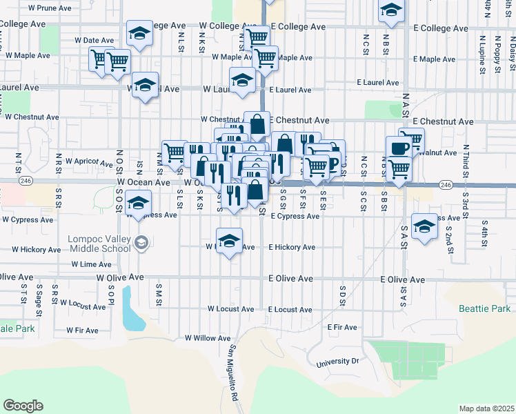 map of restaurants, bars, coffee shops, grocery stores, and more near 129 South H Street in Lompoc