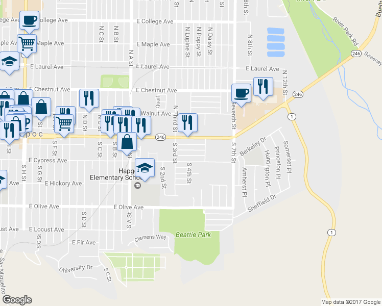 map of restaurants, bars, coffee shops, grocery stores, and more near 1200 Peach Avenue in Lompoc