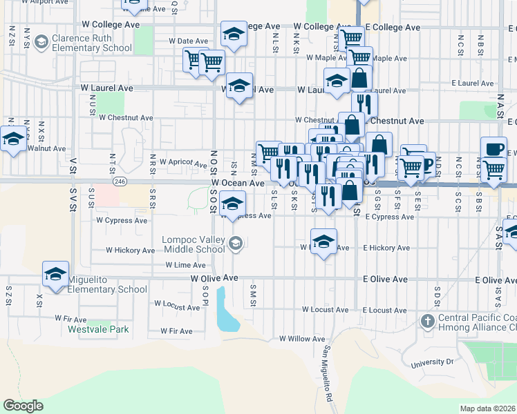 map of restaurants, bars, coffee shops, grocery stores, and more near 125 South L Street in Lompoc