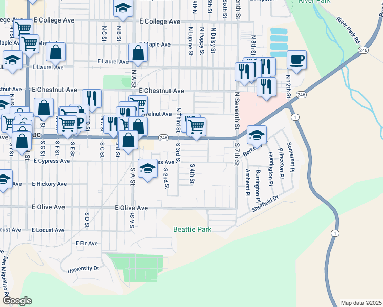 map of restaurants, bars, coffee shops, grocery stores, and more near 1120 Peach Avenue in Lompoc