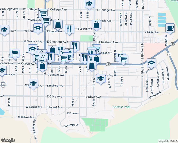 map of restaurants, bars, coffee shops, grocery stores, and more near 120 South B Street in Lompoc