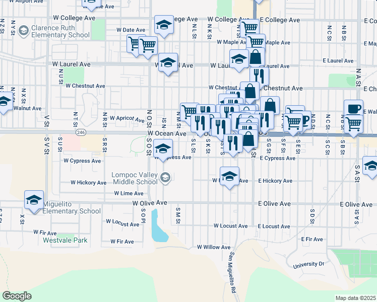 map of restaurants, bars, coffee shops, grocery stores, and more near 125 South L Street in Lompoc