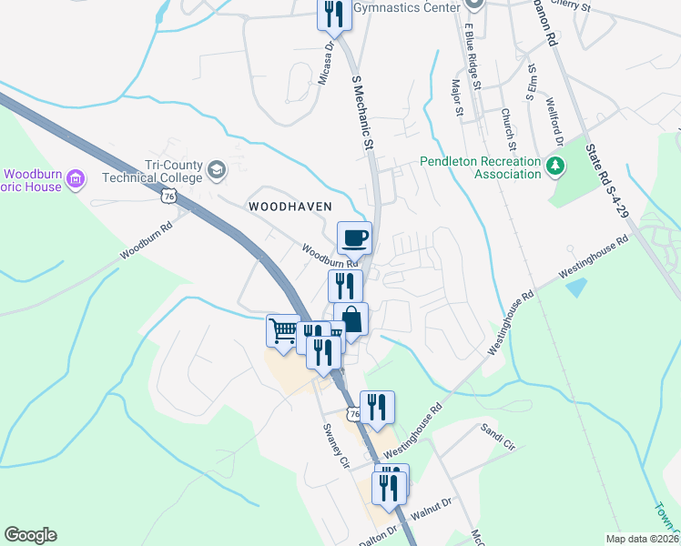 map of restaurants, bars, coffee shops, grocery stores, and more near 101 Laurel Drive in Pendleton