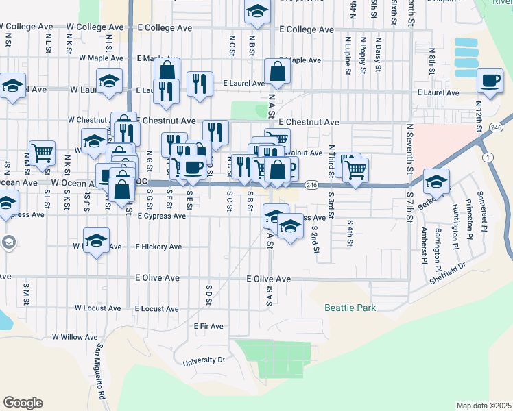map of restaurants, bars, coffee shops, grocery stores, and more near 120 South B Street in Lompoc