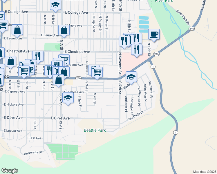 map of restaurants, bars, coffee shops, grocery stores, and more near in Lompoc