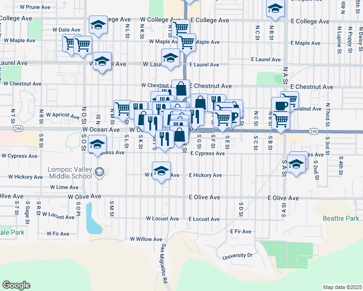 map of restaurants, bars, coffee shops, grocery stores, and more near 129 South H Street in Lompoc