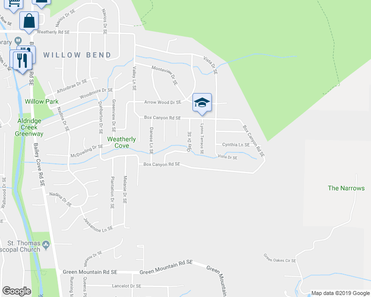 map of restaurants, bars, coffee shops, grocery stores, and more near 9412 Ojay Drive Southeast in Huntsville