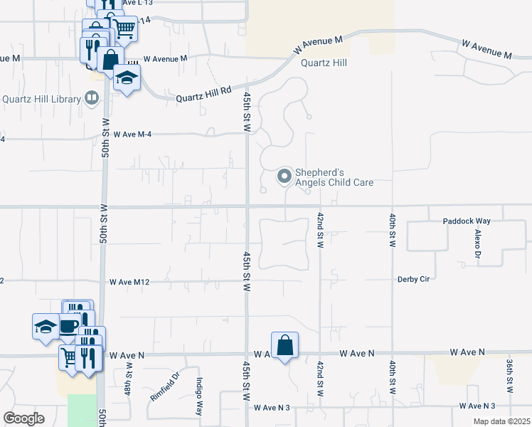 map of restaurants, bars, coffee shops, grocery stores, and more near 4379 Paddock Way in Quartz Hill