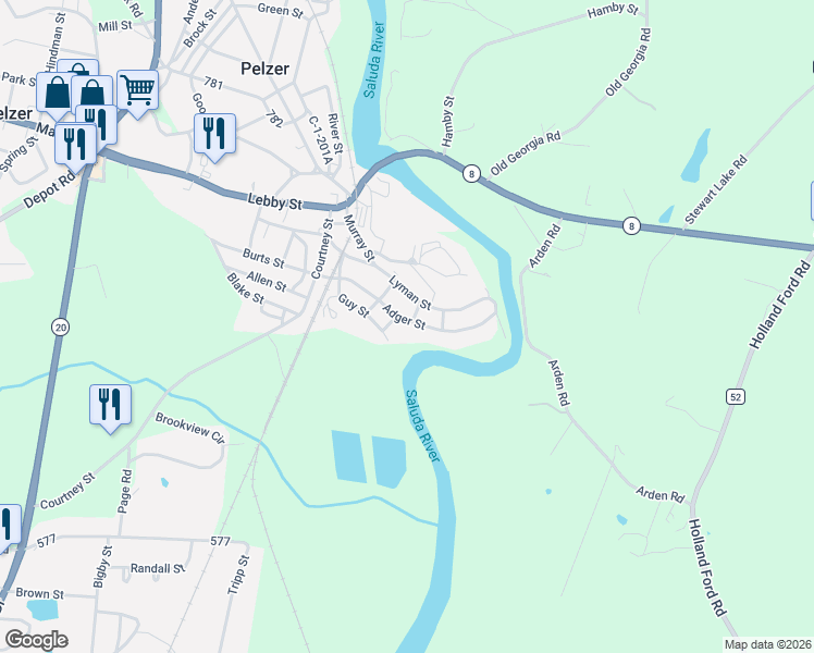 map of restaurants, bars, coffee shops, grocery stores, and more near 24 Adger Street in Pelzer