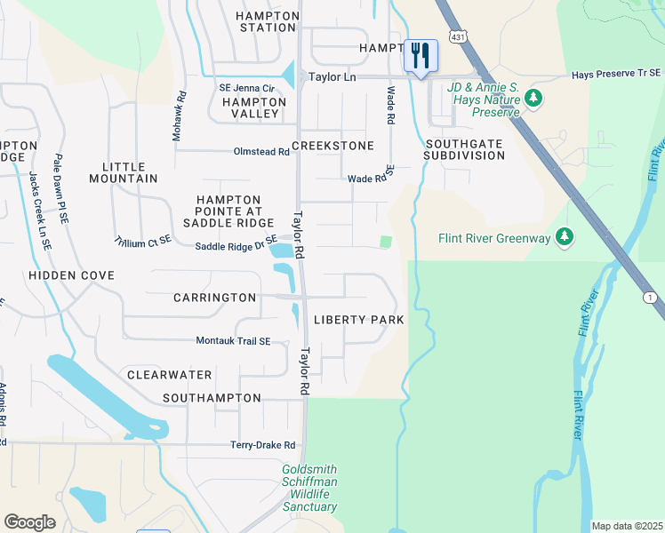 map of restaurants, bars, coffee shops, grocery stores, and more near 5005 Patriot Park Drive Southeast in Owens Cross Roads