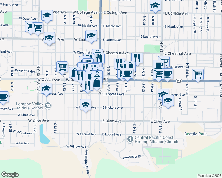 map of restaurants, bars, coffee shops, grocery stores, and more near 124 South G Street in Lompoc