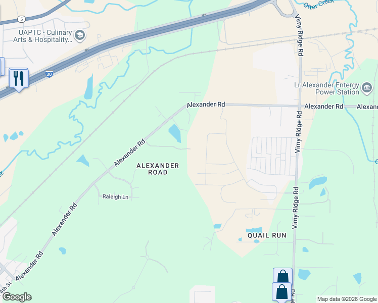 map of restaurants, bars, coffee shops, grocery stores, and more near 23 Whispering Drive in Alexander