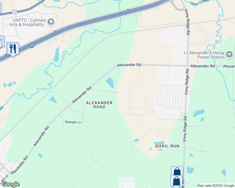 map of restaurants, bars, coffee shops, grocery stores, and more near 23 Whispering Drive in Alexander