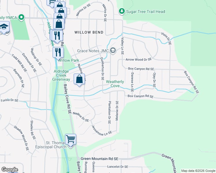 map of restaurants, bars, coffee shops, grocery stores, and more near 2102 McDowling Drive Southeast in Huntsville
