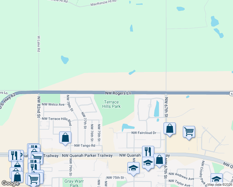 map of restaurants, bars, coffee shops, grocery stores, and more near NW Rogers Ln in Lawton