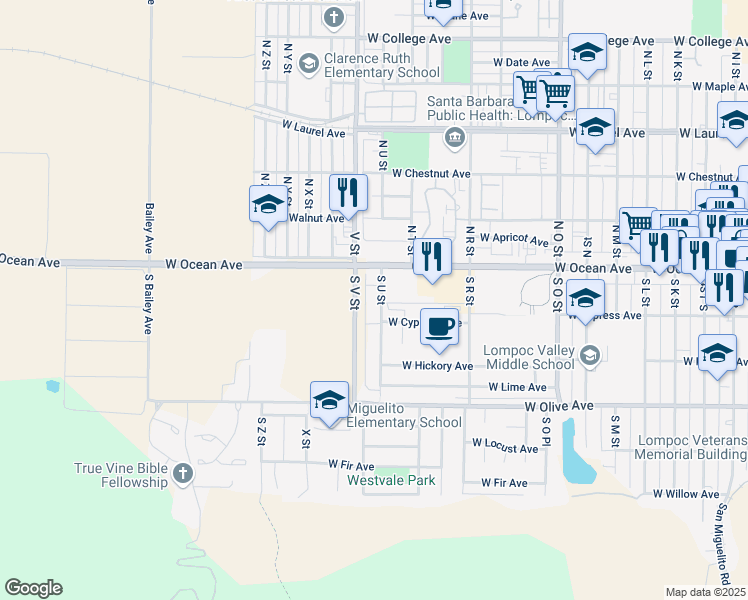 map of restaurants, bars, coffee shops, grocery stores, and more near 109 South U Street in Lompoc