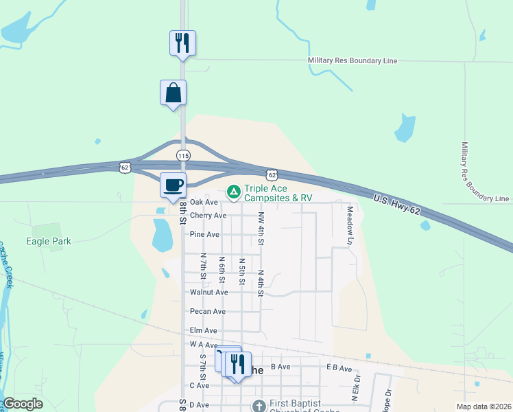map of restaurants, bars, coffee shops, grocery stores, and more near 402 Oak Avenue in Cache