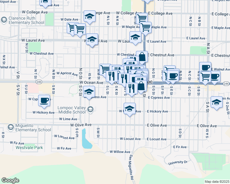 map of restaurants, bars, coffee shops, grocery stores, and more near 125 South K Street in Lompoc
