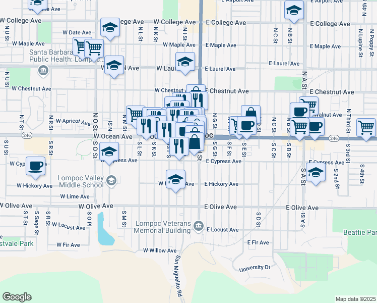 map of restaurants, bars, coffee shops, grocery stores, and more near 120 South I Street in Lompoc