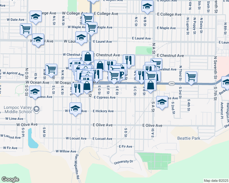 map of restaurants, bars, coffee shops, grocery stores, and more near 117 South E Street in Lompoc